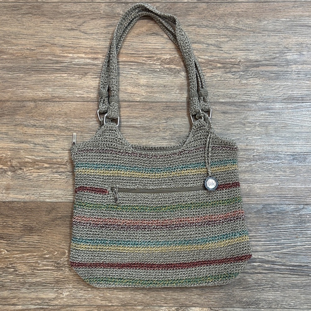 The Sak Crochet Knit Tote Purse Colorful Stripes on Beige Earth Tones Boho Beach